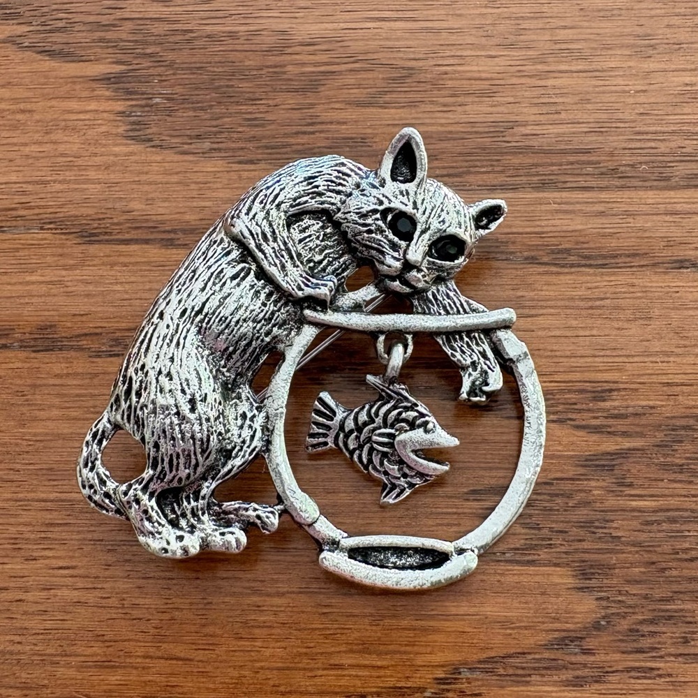 Vintage Silver-Tone Cat & Fish Bowl Brooch